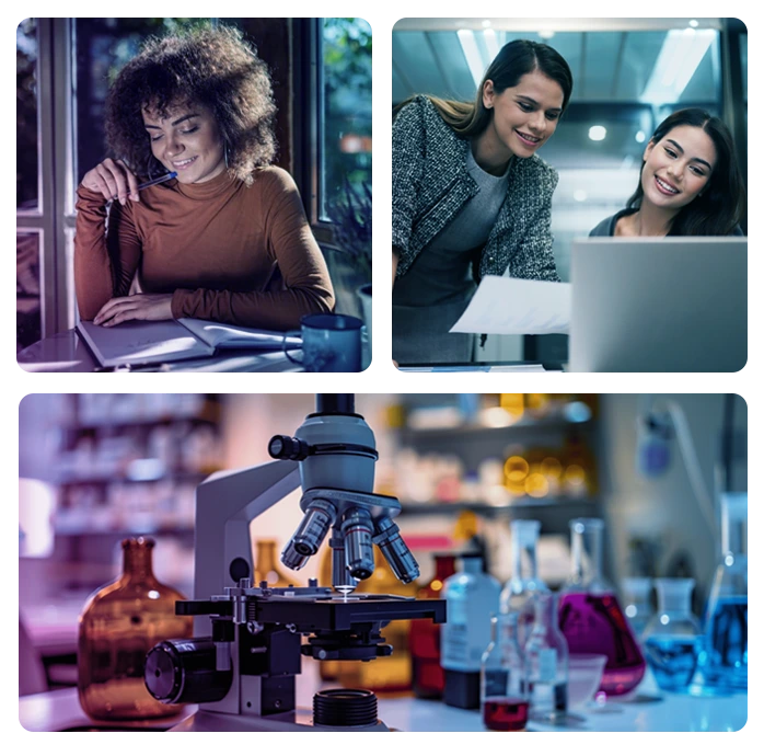 Researchers writing, reviewing on a laptop, and a microscope in a laboratory
